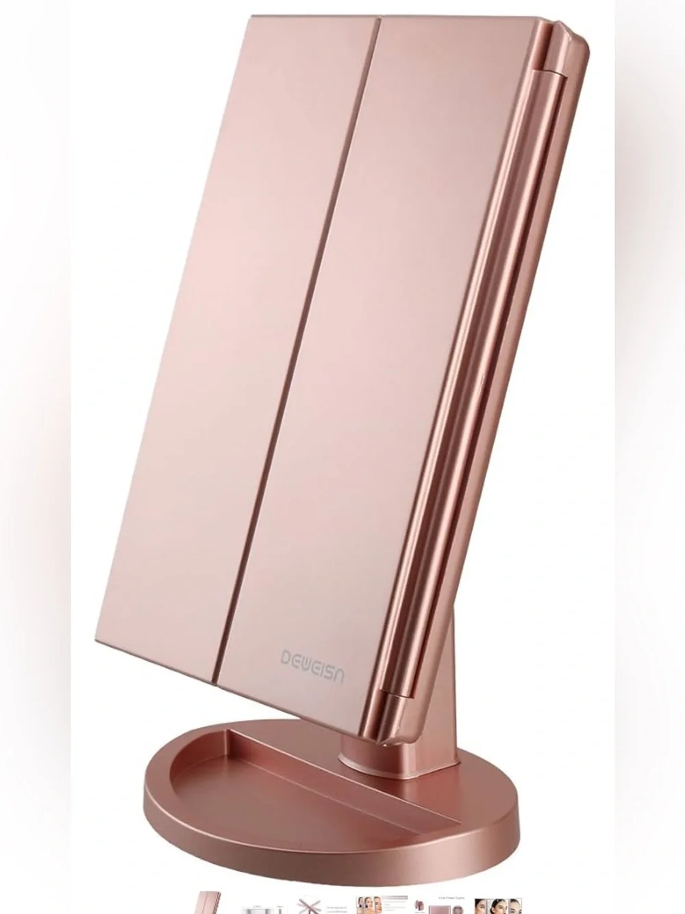 Rose Gold Tri-Fold LED Vanity Mirror with 2x/3x Magnification -